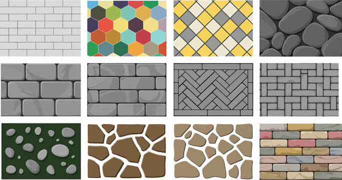 Set of seamless stone and brick wall textures for architectural design and game environment background vector illustration