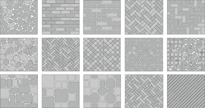 Set of seamless paving patterns with stone brick and tile textures for architectural design and floor mapping