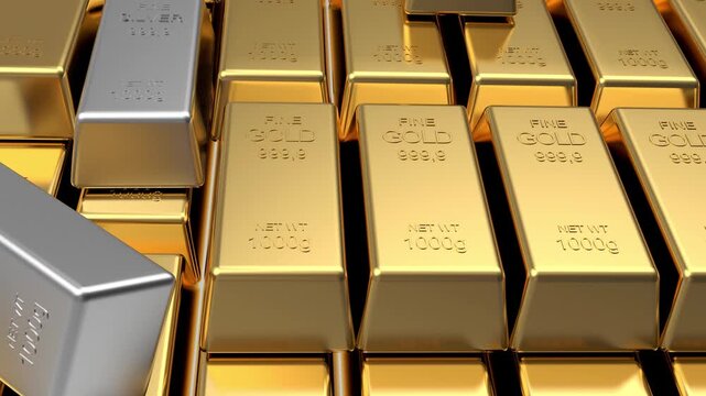 Rows of gold bars with a contrasting silver bar among them as the camera moves across a reflective bullion surface, 3D render