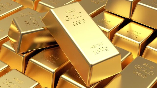 Stacked gold bars with reflective surfaces fill the frame as one silver bar appears among them in a looping 3D render