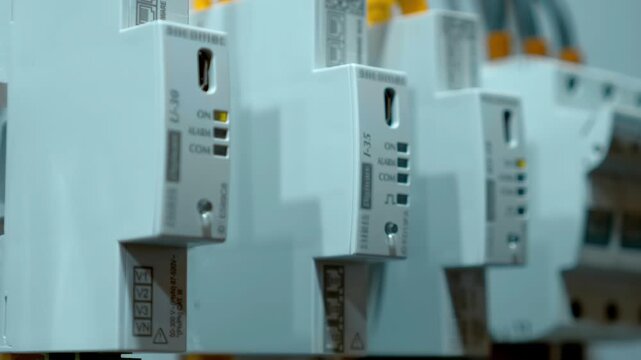 Row of voltage measurement module for integration into industrial equipment systems with flashing LED lights. Closeup. Shallow depth of field. Follow focus