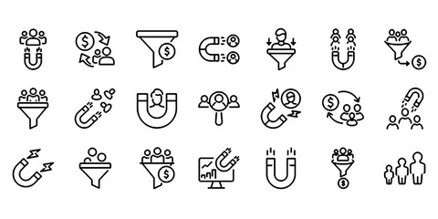 Naklejka premium Set of Outline Icons Related to Lead Generation, Linear Icon Collection with Editable Stroke, Marketing and Customer Acquisition Symbols Vector Illustration