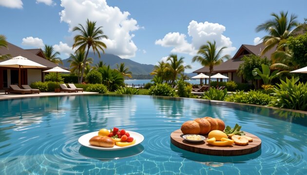 A serene tropical setting featuring an infinity pool that overlooks a beautiful mountainous landscape