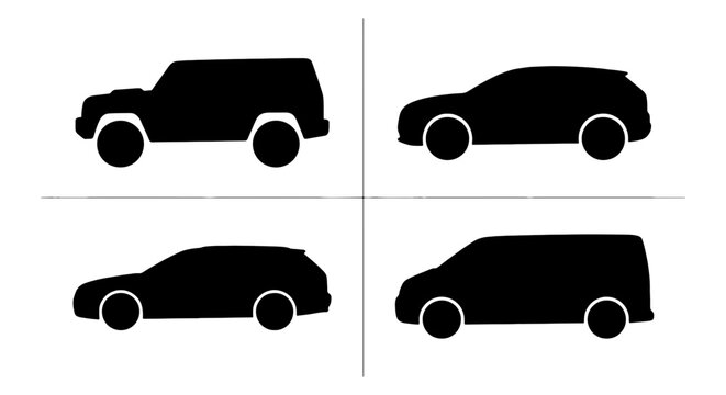 Four Silhouette Vehicle Icons: SUV, Crossover, Sedan, Van, Vector Set for Automotive and Transport Design