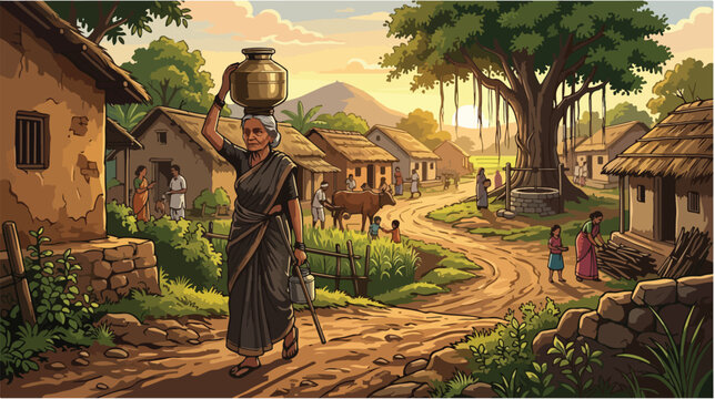 A poignant illustration of daily life in a South Asian village, depicting an elderly woman carrying water, symbolizing resilience and the quiet dignity celebrated on International Widows Day