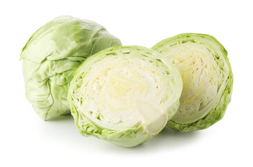 Fototapeta premium Whole and cut fresh cabbages isolated on white