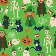 Naklejka premium Ghost Halloween seamless pattern with cute characters spooky elements illustration collection design