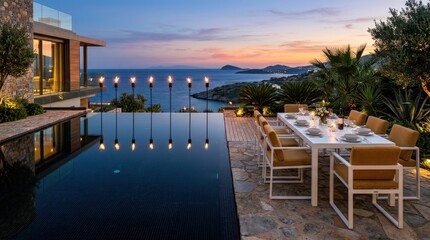 Fototapeta premium Luxury villa with infinity pool and dining area overlooking the sea at sunset