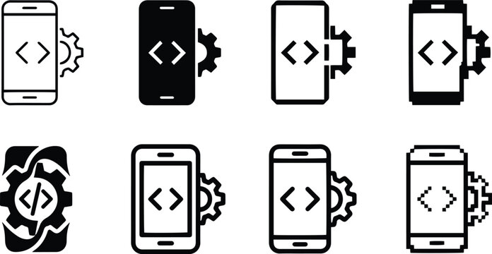 Mobile app development icon set with smartphone, gear, code brackets, settings, programming, and software technology vector symbols isolated black collection