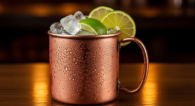 Refreshing copper mug filled with ice, lime slices, and a bubbly drink