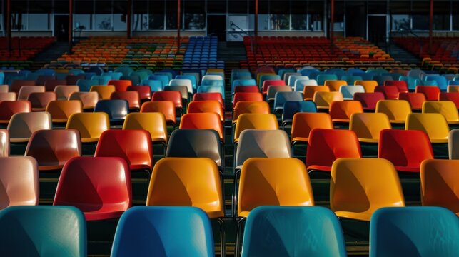 Empty stadium with symmetrical rows of colorful chairs overhead shadows Canon EOS R5 24mm f11