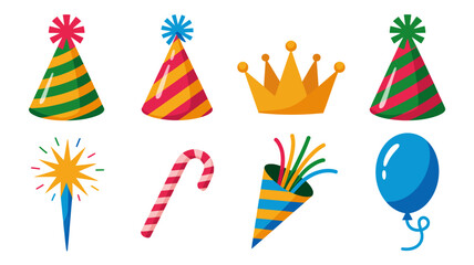 Obraz premium Festive party elements collection with hats crown balloon and candy cane in flat vector illustration