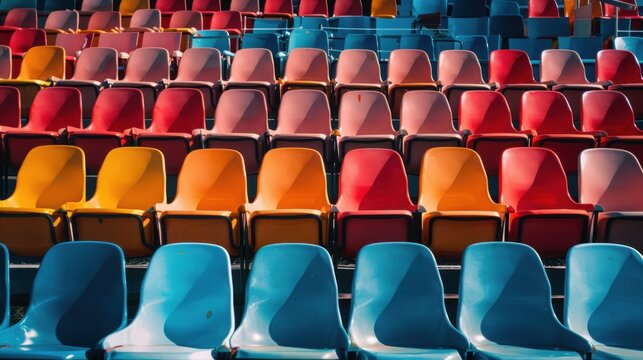 Empty stadium with symmetrical rows of colorful chairs overhead shadows Canon EOS R5 24mm f11