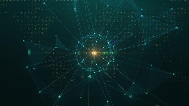 Futuristic business network motion background with glowing connection nodes, digital world map and radiant data lines, perfect for corporate presentations, finance and technology