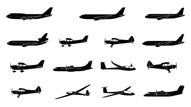 Aircraft set with various types of planes and gliders in black silhouette style featuring aviation, transport, travel with flight and jet elements