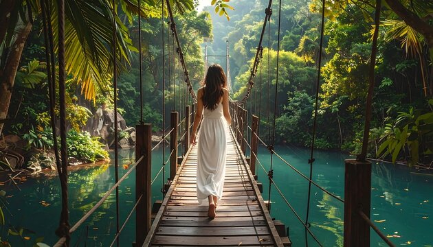 A person in a flowing white dress walks across a wooden suspension bridge over turquoise water, lush forest surrounds