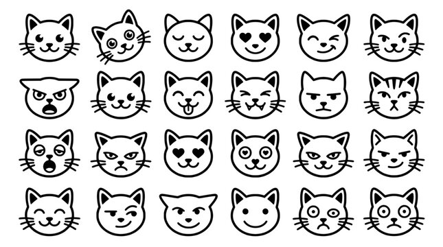 Cats emoji set with various expressions and styles featuring happy, sad, angry with surprised and shocked elements for smiling, frowning projects,