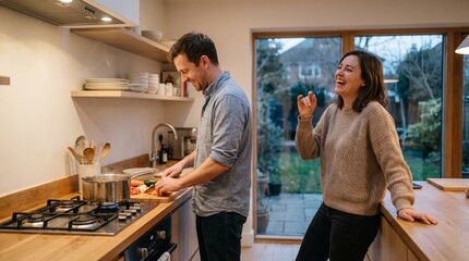 Obraz premium A happy couple laughing and cooking together in their bright, modern kitchen at home.