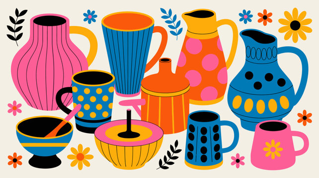 Colorful stylized illustration of assorted ceramic vases mugs and bowls with floral decorations