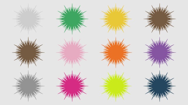 Collection of twelve starburst shapes in various vibrant colors on a light gray background
