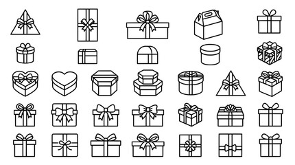 Naklejka premium Gift box icon set with ribbons and bow details, minimalist line art for holiday greetings and branding