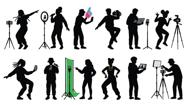 Silhouettes of young content creators vlogging and filming social media videos on white background