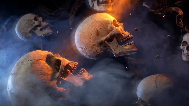 Creepy animated skulls drifting through dark smoke with fiery orange lighting and eerie atmosphere. Perfect for Halloween backgrounds, horror themes, spooky intros, and cinematic motion graphics.