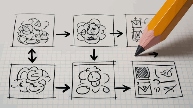 hand drawn sketches of tangled lines evolving into geometric shapes with a yellow pencil
