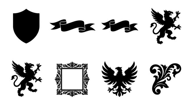 Heraldic Vector Icons Set: Shield, Griffins, Eagle, Ornate Frame, Banners, Flourish Elements for Emblem Design, Coat of Arms, Vintage Logos