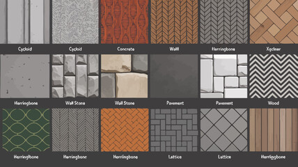 assorted textured surfaces and patterns including concrete herringbone and lattice designs © Nargis