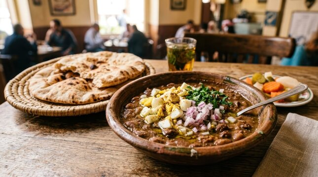 Traditional Middle Eastern breakfast dish with fava beans, pita bread, and pickled vegetables