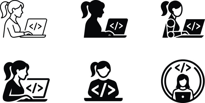 Female programmer coding icon set with woman developer, laptop, code brackets, software engineering, and technology vector illustrations isolated black line style