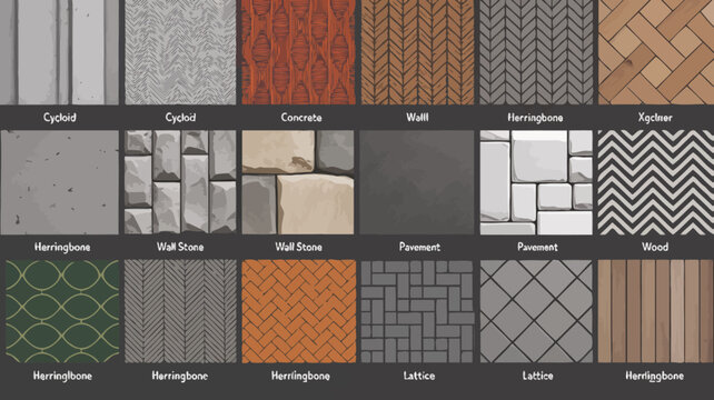 assorted textured surfaces and patterns including concrete herringbone and lattice designs