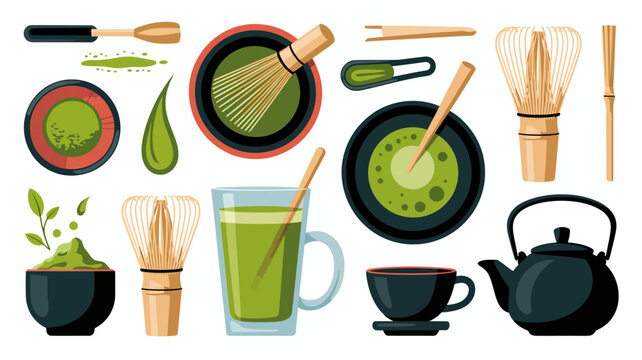 matcha tea set illustration with whisk bowl and teapot on a white background