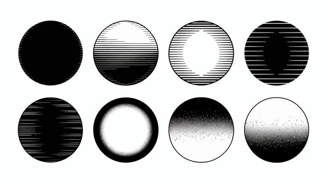collection of eight circular graphic elements with varying line and dot patterns on a white background