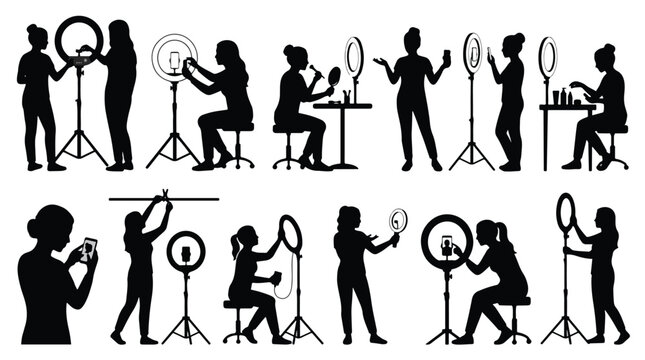 Silhouettes of women vlogging, live streaming, and makeup tutorials with ring lights and tripods
