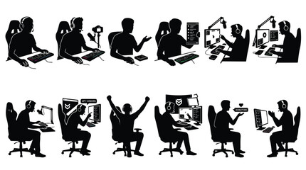 Set of professional gamer silhouettes broadcasting live and gaming online on white background © Itx Musa