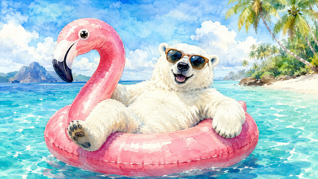 Polar Bear Relaxing in Tropical Paradise on Pink Flamingo Float in Watercolor Style Art