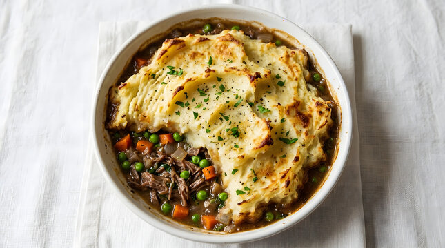 Hearty shepherd pie in white bowl on simple rustic cloth background