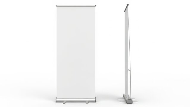 Front and side view of a blank white pull up banner stand mockup design