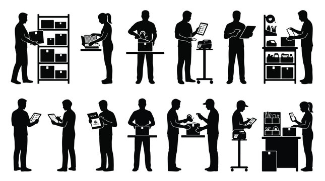 Set of warehouse worker silhouettes packing boxes and scanning inventory on white background