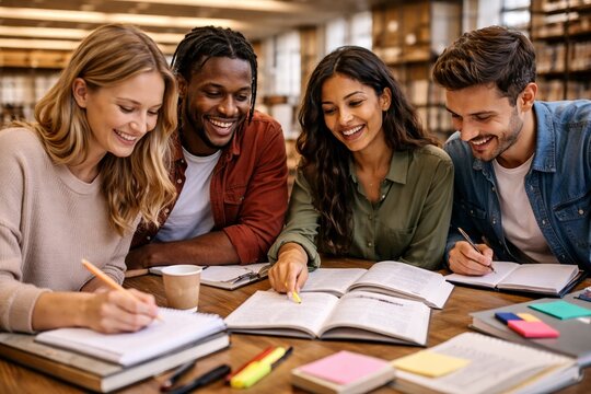 University students studying together in library