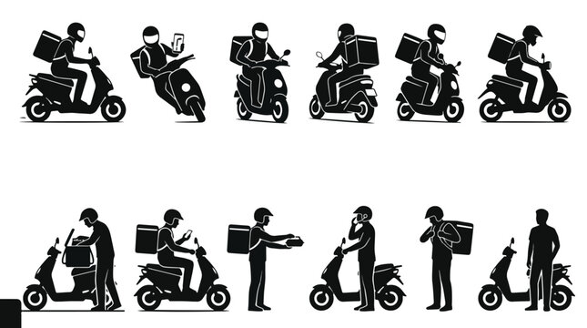 Set of silhouettes of food delivery couriers on motorbikes and scooters on white background