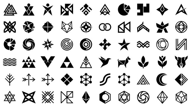 Various black geometric and abstract symbols.