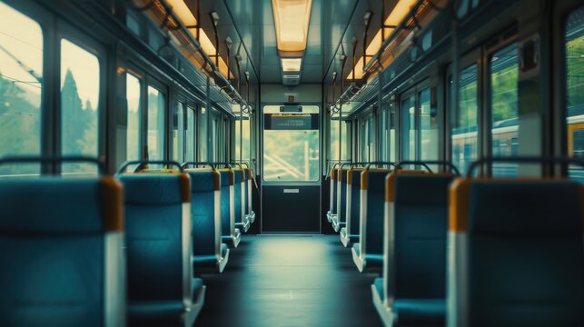 Empty train carriage symmetrical seats realistic shot with natural light Canon EOS R5