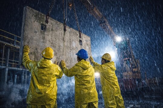 Industrial workers in rain at construction site