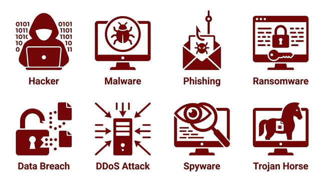 Collection of cybersecurity icons illustrating various online threats and attacks