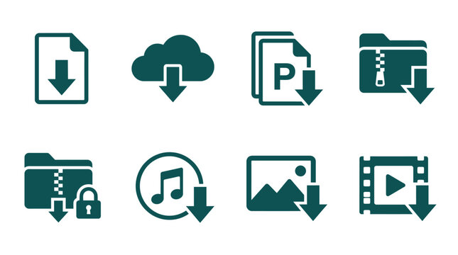 Download icons representing various file types and actions, set against a minimalist background