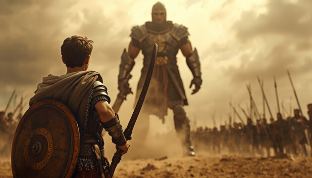 Young warrior facing giant goliath on ancient battlefield epic battle