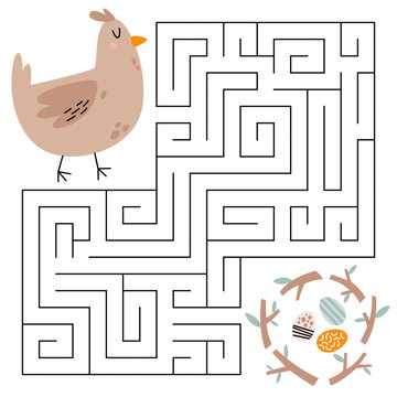 Easter maze game for kids. Cute chicken looking for a way to the nest. Printable worksheet with solution for school and preschool. Vector cartoon illustration.